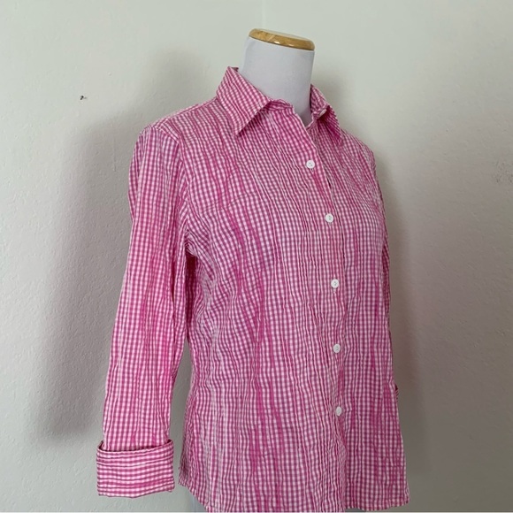 Foxcroft Fitted Gingham Pleated Crinkle Button Up Shirt Women’s 4 Pink Collared - Picture 7 of 16